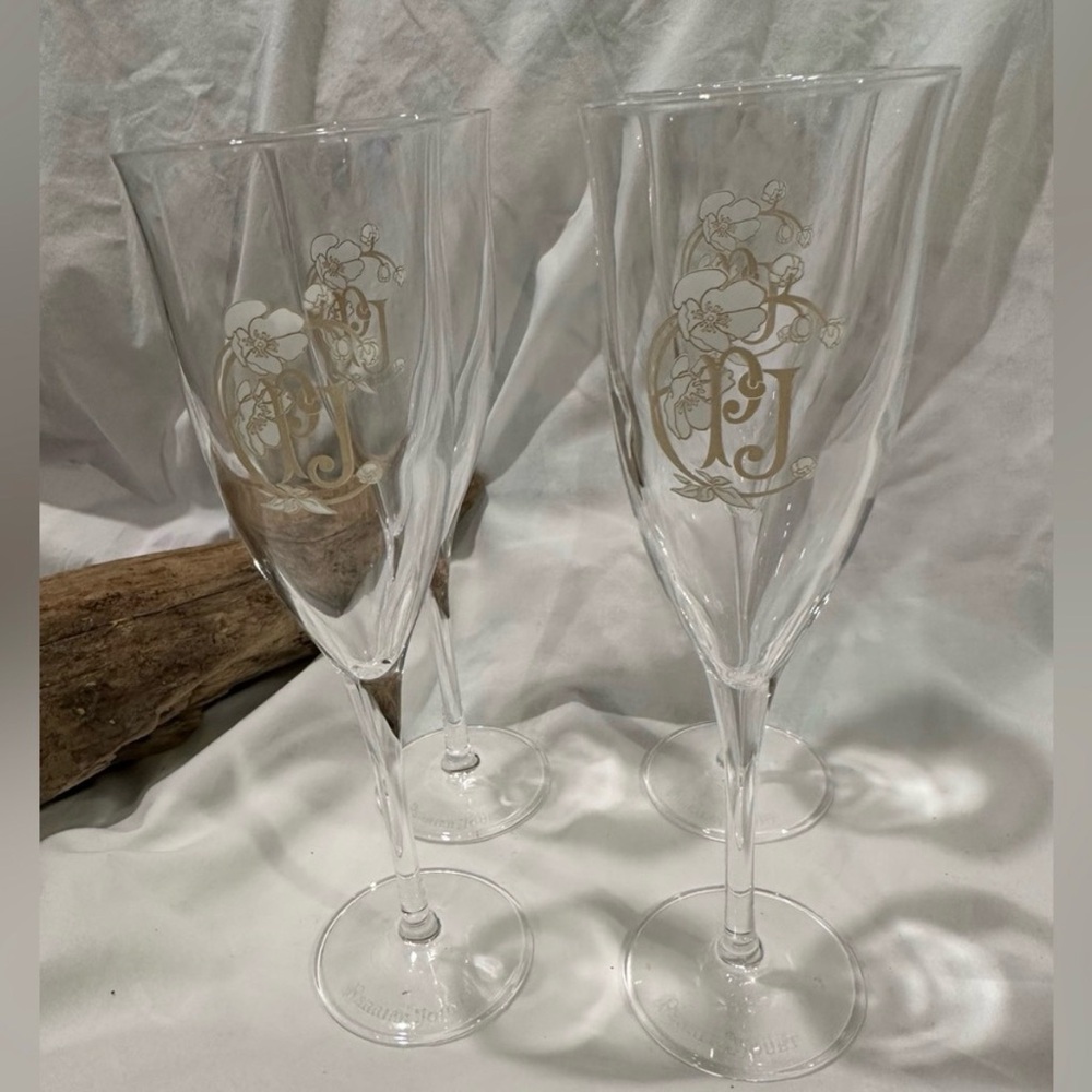 Vintage Perrier-Jouet French Champagne Flutes, Floral Stemware - Set of 4